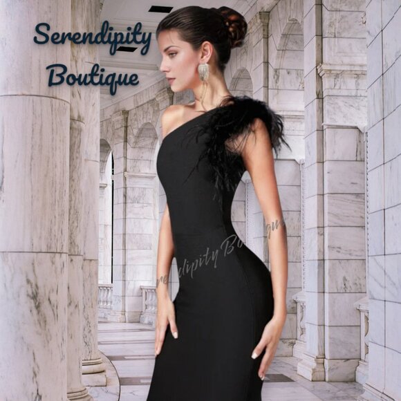 Elegant Black Feather Trim Tapered Fit One Shoulder Floor Length Maxi Dress - Picture 3 of 8
